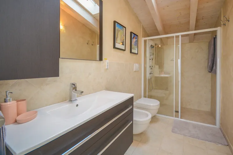 Badkamer met wastafel en douche